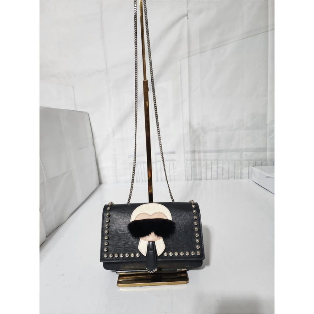 FENDI Vitello Elite Mink Fur Studded Karlito Tube Wallet on Chain Black